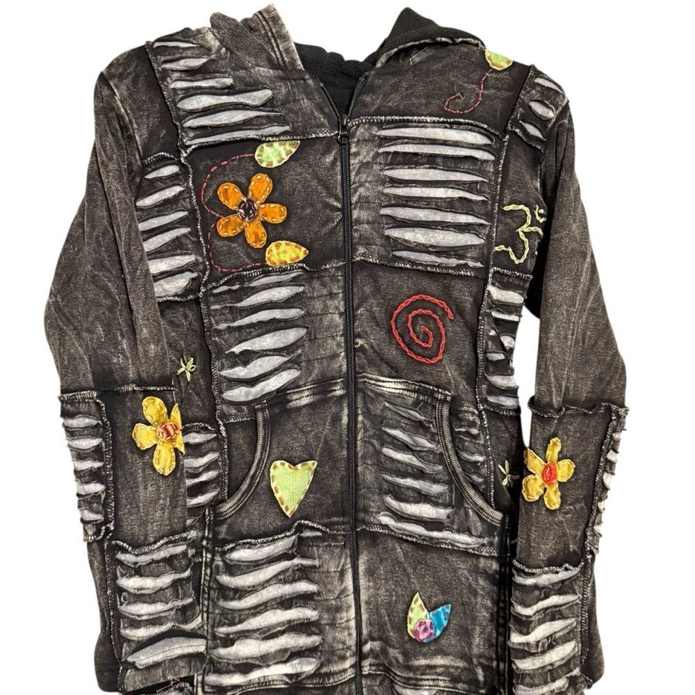 NWT Rhea Black Cotton Long Flower Patchwork Razor Cut Hippie Boho Jacket- Medium - Picture 2 of 12